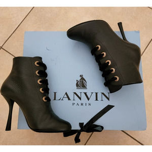 Lanvin Boot Lace Up Eyelet Leather Ankle Bootie Black 8.5 Heeled Victorian